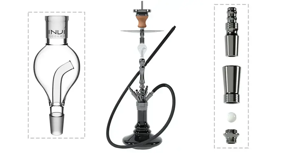 INVI Tesseract hookah shown with details of included molasses catcher and 18/8 grind connections