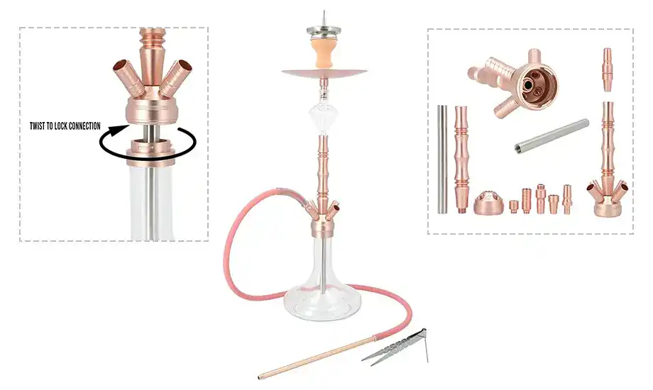 Smokezilla Minya hookah pipe shown with detail closeups