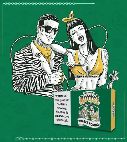 Shisha Kartel Krazee Kombo characters with box of shisha tobacco
