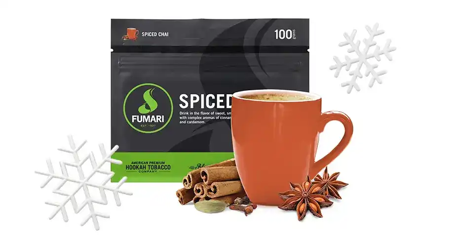 Fumari Spiced Chai 100g pouch with glass of spiced chai