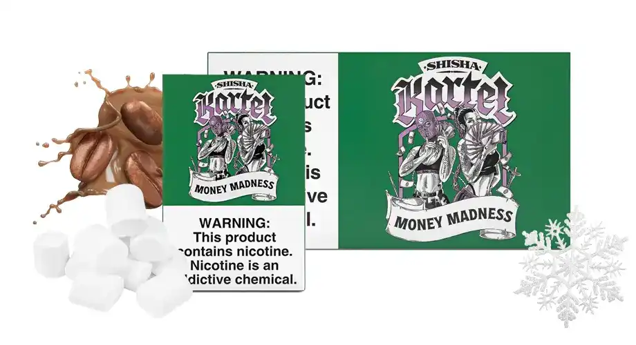 Shisha Kartel Money Madness 250g and 50g box next to coffee beans and stack of marshmallows