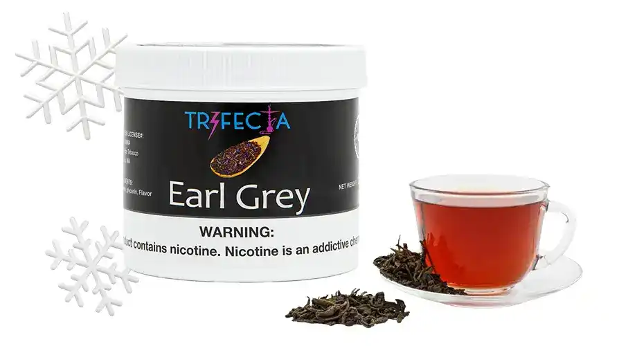 Trifecta Earl Grey shisha jar next to earl grey tea with scoop