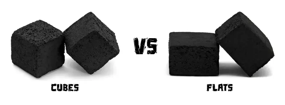 Cube hookah charcoal pieces compared with flat charcoal pieces