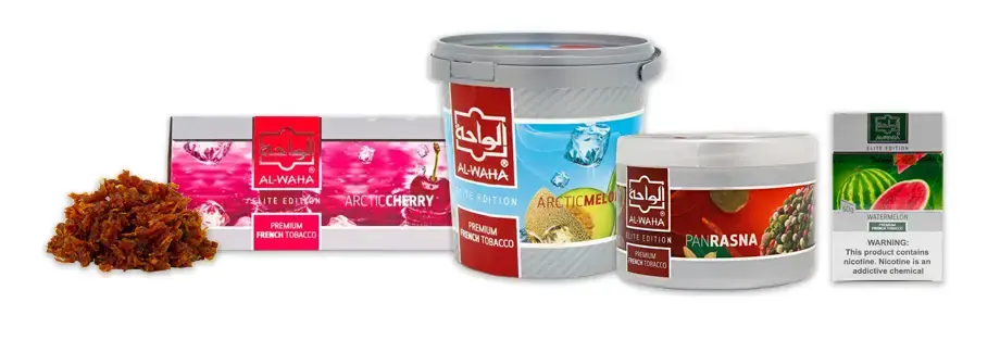 Al Waha shisha tobacco in various sizes along side loose shisha tobacco sample
