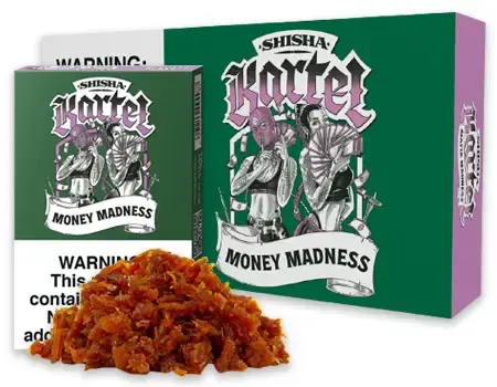 Shisha Kartel Money Madness shisha tobacco in 250g and 50g boxes with loose shisha sample