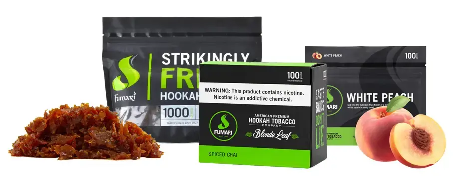 Fumari shisha tobacco shown in variety of sizes along loose shisha sample