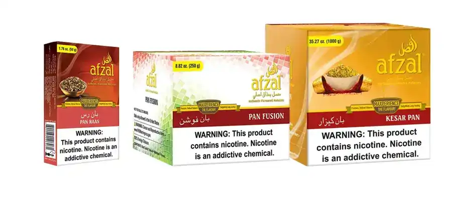 Afzal shisha tobacco shown in 50g, 250g and kilogram sizes