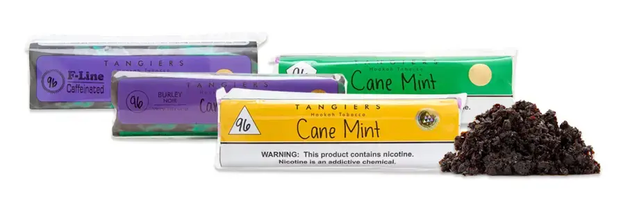 Bags of Tangiers shisha tobacco shown in different lines: Noir, Burley, Birquq and F-Line along with loose shisha sample