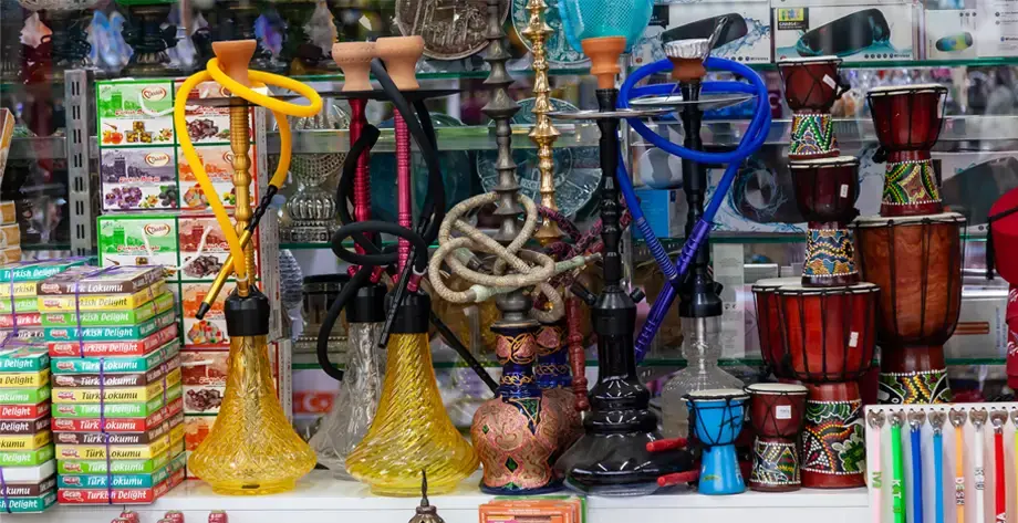 Overcrowded hookah shop display